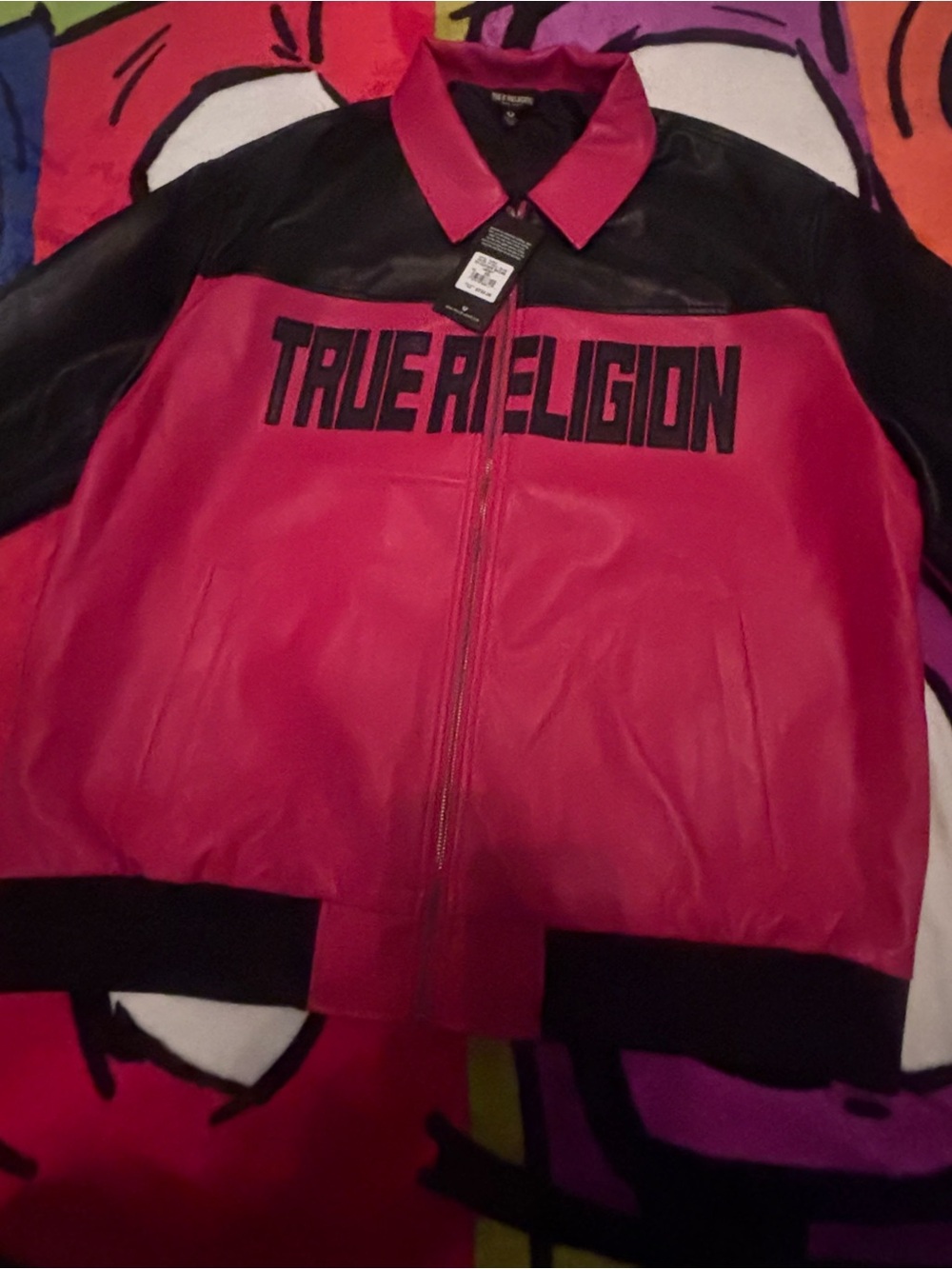 True Religion black and red leather jacket Size XXL #biker #leatherjacket.